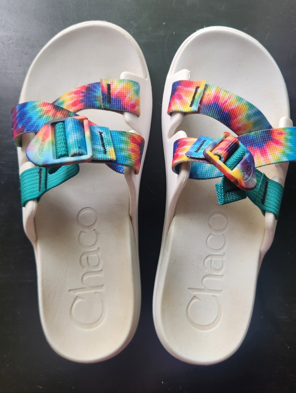 Chaco White Sandals with Rainbow Tie-Dye Straps and Teal Accents